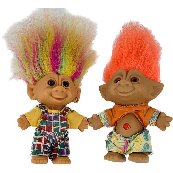 Vintage 1980s Troll Dolls Ace Bright Rainbow Hair Overalls Orange Hair Punk Lot - Picture 1 of 8